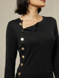 Discount Slash Neck Button Up Cropped Knit Top Women Pullovers & Tops