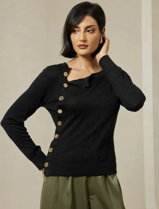 Discount Slash Neck Button Up Cropped Knit Top Women Pullovers & Tops
