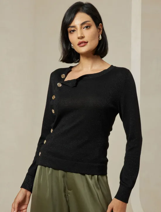 Discount Slash Neck Button Up Cropped Knit Top Women Pullovers & Tops