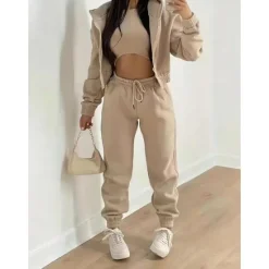 Solid Casual 3 Piece Set, Zip Up Hooded Jacket & Sleeveless Crew Neck Tank Top & Drawstring Elastic Waist Jogger Pants Outfits, Women's Clothing Women Two Piece Sets