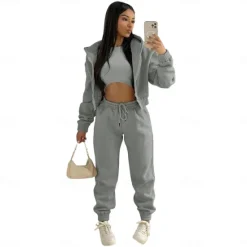 Solid Casual 3 Piece Set, Zip Up Hooded Jacket & Sleeveless Crew Neck Tank Top & Drawstring Elastic Waist Jogger Pants Outfits, Women's Clothing Women Two Piece Sets