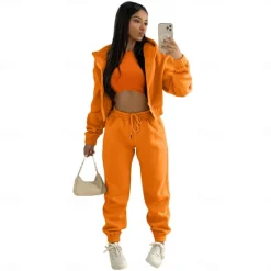 Solid Casual 3 Piece Set, Zip Up Hooded Jacket & Sleeveless Crew Neck Tank Top & Drawstring Elastic Waist Jogger Pants Outfits, Women's Clothing Women Two Piece Sets
