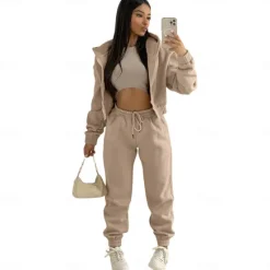 Solid Casual 3 Piece Set, Zip Up Hooded Jacket & Sleeveless Crew Neck Tank Top & Drawstring Elastic Waist Jogger Pants Outfits, Women's Clothing Women Two Piece Sets