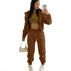 Solid Casual 3 Piece Set, Zip Up Hooded Jacket & Sleeveless Crew Neck Tank Top & Drawstring Elastic Waist Jogger Pants Outfits, Women's Clothing Women Two Piece Sets
