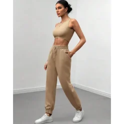 Solid Casual 3 Piece Set, Zip Up Hooded Jacket & Sleeveless Crew Neck Tank Top & Drawstring Elastic Waist Jogger Pants Outfits, Women's Clothing Women Two Piece Sets