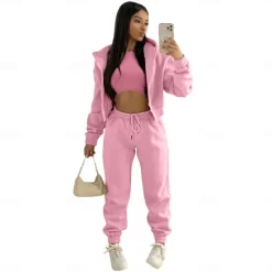 Solid Casual 3 Piece Set, Zip Up Hooded Jacket & Sleeveless Crew Neck Tank Top & Drawstring Elastic Waist Jogger Pants Outfits, Women's Clothing Women Two Piece Sets