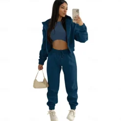 Solid Casual 3 Piece Set, Zip Up Hooded Jacket & Sleeveless Crew Neck Tank Top & Drawstring Elastic Waist Jogger Pants Outfits, Women's Clothing Women Two Piece Sets