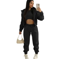 Solid Casual 3 Piece Set, Zip Up Hooded Jacket & Sleeveless Crew Neck Tank Top & Drawstring Elastic Waist Jogger Pants Outfits, Women's Clothing Women Two Piece Sets