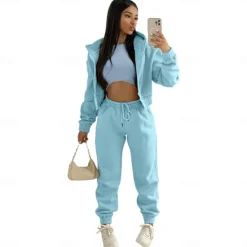 Solid Casual 3 Piece Set, Zip Up Hooded Jacket & Sleeveless Crew Neck Tank Top & Drawstring Elastic Waist Jogger Pants Outfits, Women's Clothing Women Two Piece Sets