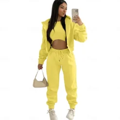 Solid Casual 3 Piece Set, Zip Up Hooded Jacket & Sleeveless Crew Neck Tank Top & Drawstring Elastic Waist Jogger Pants Outfits, Women's Clothing Women Two Piece Sets