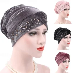 Discount Solid Color Inner Hijabs Muslim Turban Caps For Women With Drill Ethnic Islamic Wrap Head Turbante Ready To Wear Hijab Bonnet Women Hats