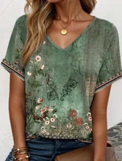 Clearance St. Patrick Women's T Shirt Ombre Floral Graphic Elegant Vintage Casual Short Sleeve V Neck Regular Tops Daily Weekend Vacation Wear Print Summer Women Boho Tops