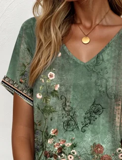 Clearance St. Patrick Women's T Shirt Ombre Floral Graphic Elegant Vintage Casual Short Sleeve V Neck Regular Tops Daily Weekend Vacation Wear Print Summer Women Boho Tops