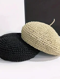 Hot Straw Crochet Thin Beret Hats Solid Color Casual Painter Cap Lightweight Breathable Berets For Women Girls Spring & Summer Women Hats