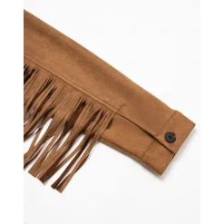 Best Suede Fringe Hem Crew Neck Jacket Women Jackets