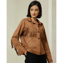 Best Suede Fringe Hem Crew Neck Jacket Women Jackets