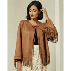 Online Suede Fringed Flare Cuff Sleeve Jacket Women Jackets