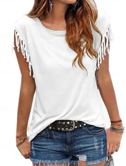 Outlet T shirt Tee Dressy Tops Women's Black White Red Plain Tassel Street Daily Fashion Round Neck Regular Fit S Women T-Shirts