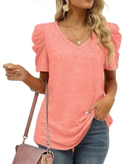 Outlet T shirt Tee Women's Black White Purple Plain Ruched Street Daily Fashion V Neck Regular Fit S Women T-Shirts