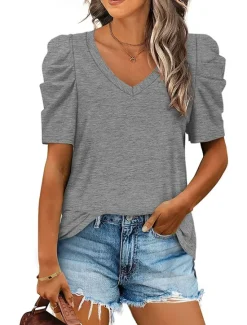 Outlet T shirt Tee Women's Black White Purple Plain Ruched Street Daily Fashion V Neck Regular Fit S Women T-Shirts