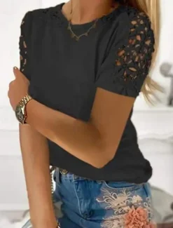 Sale T shirt Tee Women's Black Pink Green Plain Lace Street Daily Fashion Round Neck Regular Fit S Women Lace Tops|Spring Tops