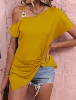 Sale T shirt Tee Women's Black Yellow Pink Solid Color Asymetric Hem Cold Shoulder Street Daily Fashion One Shoulder Regular Fit S Women Blouses & Shirts