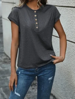 New T shirt Tee Women's Solid Color Button Street Daily Fashion Round Neck Regular Fit S Women T-Shirts