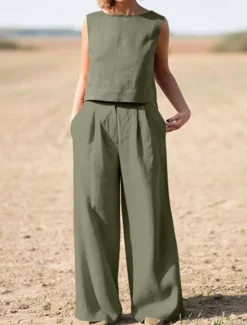 Outlet Tank Cotton Linen Shirts Set Women's Army Green Navy Blue Khaki Plain 2 Piece Wide Leg Street Daily Fashion Round Neck Regular Fit M Women Shirts