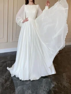 Best Thanksgiving Day Women's Normal Long Dress Maxi Dress Dress Chiffon Dress Swing Dress Elegant Formal Lantern Sleeve Wedding Guest Birthday Regular Fit Solid Color Long Sleeve Crew Neck Women White Dresses