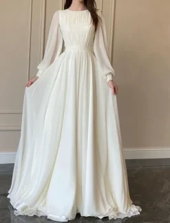 Best Thanksgiving Day Women's Normal Long Dress Maxi Dress Dress Chiffon Dress Swing Dress Elegant Formal Lantern Sleeve Wedding Guest Birthday Regular Fit Solid Color Long Sleeve Crew Neck Women White Dresses