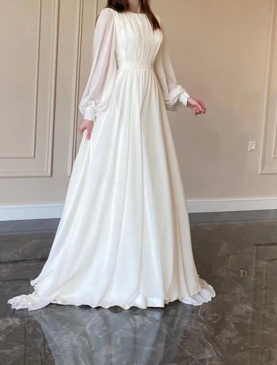 Best Thanksgiving Day Women's Normal Long Dress Maxi Dress Dress Chiffon Dress Swing Dress Elegant Formal Lantern Sleeve Wedding Guest Birthday Regular Fit Solid Color Long Sleeve Crew Neck Women White Dresses