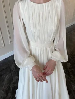 Best Thanksgiving Day Women's Normal Long Dress Maxi Dress Dress Chiffon Dress Swing Dress Elegant Formal Lantern Sleeve Wedding Guest Birthday Regular Fit Solid Color Long Sleeve Crew Neck Women White Dresses