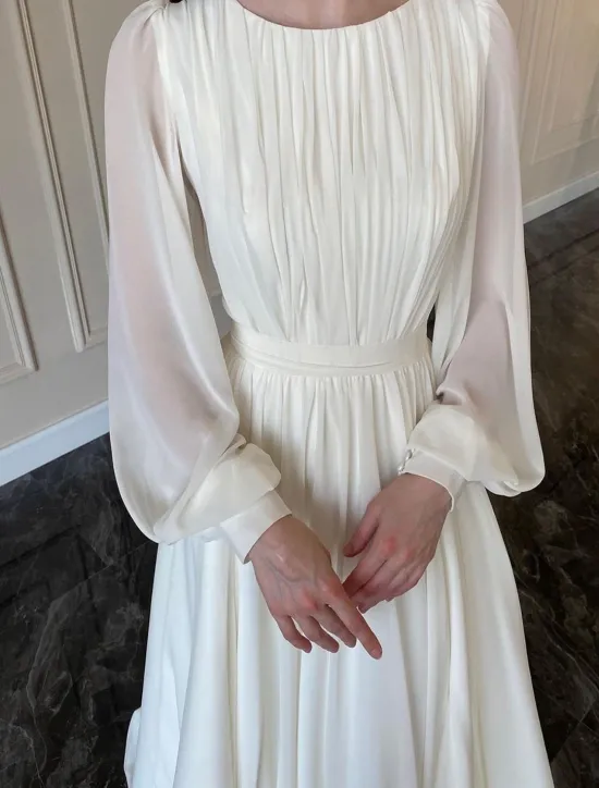 Best Thanksgiving Day Women's Normal Long Dress Maxi Dress Dress Chiffon Dress Swing Dress Elegant Formal Lantern Sleeve Wedding Guest Birthday Regular Fit Solid Color Long Sleeve Crew Neck Women White Dresses