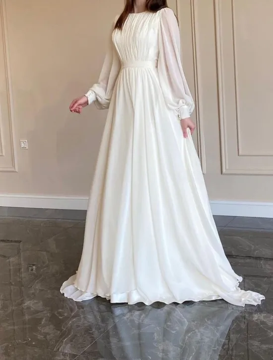 Best Thanksgiving Day Women's Normal Long Dress Maxi Dress Dress Chiffon Dress Swing Dress Elegant Formal Lantern Sleeve Wedding Guest Birthday Regular Fit Solid Color Long Sleeve Crew Neck Women White Dresses