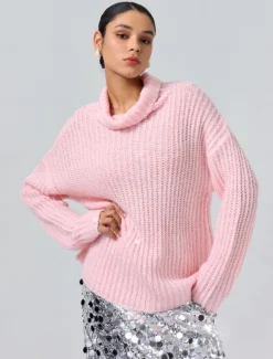 Turtleneck Ribbed Knit Wool Sequins Drop Shoulder Casual Daily Sweater Women Ugly Sweater