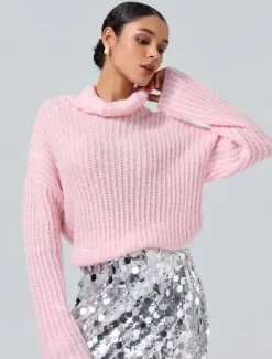 Turtleneck Ribbed Knit Wool Sequins Drop Shoulder Casual Daily Sweater Women Ugly Sweater