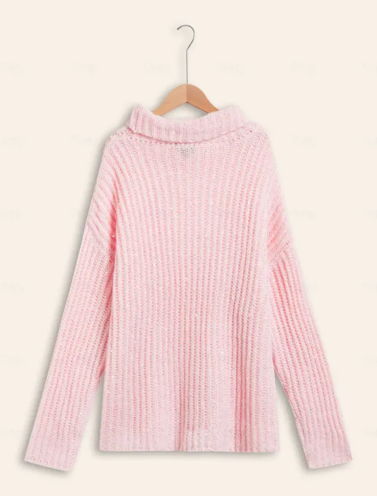 Turtleneck Ribbed Knit Wool Sequins Drop Shoulder Casual Daily Sweater Women Ugly Sweater