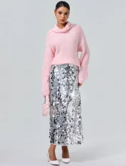 Turtleneck Ribbed Knit Wool Sequins Drop Shoulder Casual Daily Sweater Women Ugly Sweater