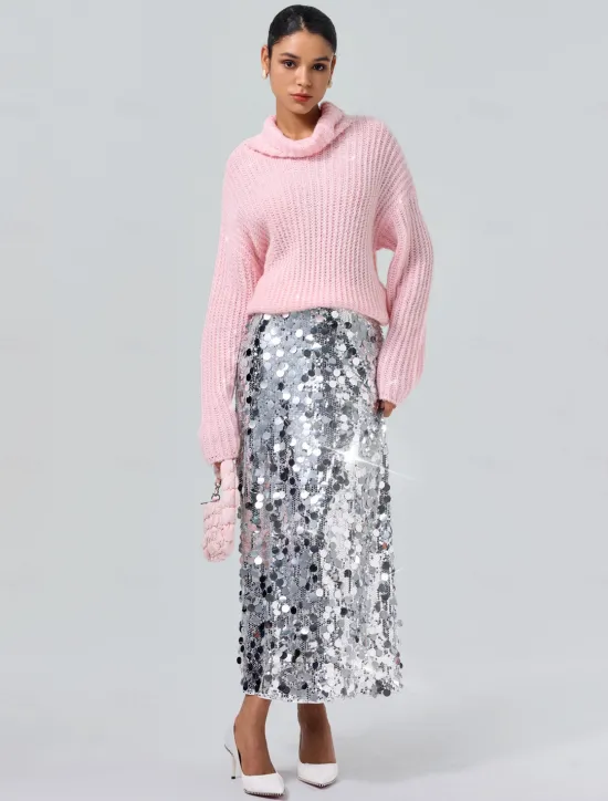 Turtleneck Ribbed Knit Wool Sequins Drop Shoulder Casual Daily Sweater Women Ugly Sweater