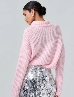 Turtleneck Ribbed Knit Wool Sequins Drop Shoulder Casual Daily Sweater Women Ugly Sweater