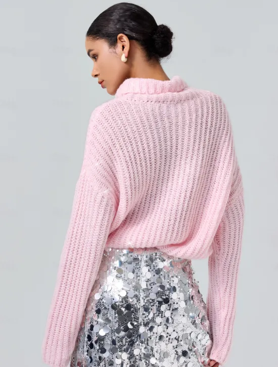Turtleneck Ribbed Knit Wool Sequins Drop Shoulder Casual Daily Sweater Women Ugly Sweater