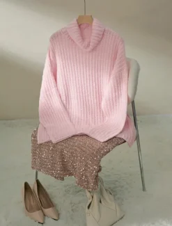 Turtleneck Ribbed Knit Wool Sequins Drop Shoulder Casual Daily Sweater Women Ugly Sweater