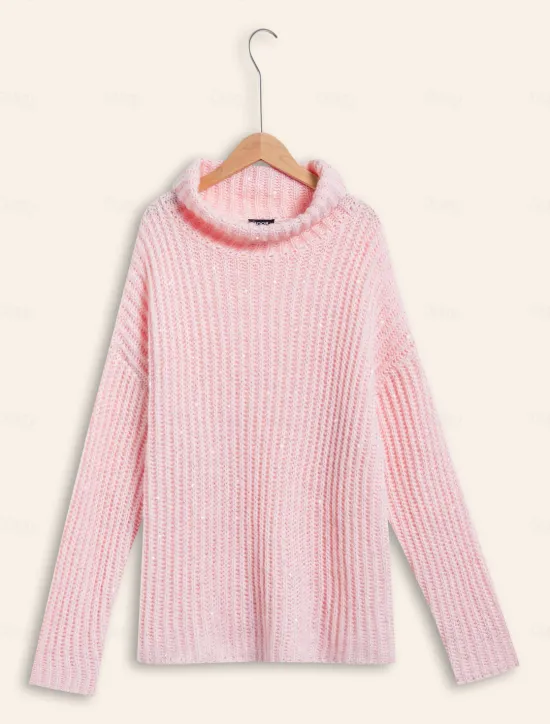 Turtleneck Ribbed Knit Wool Sequins Drop Shoulder Casual Daily Sweater Women Ugly Sweater