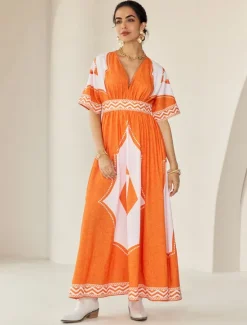 Hot V Neck Geometric Printing Bohemia Vacation Maxi Dress Women Casual Dress