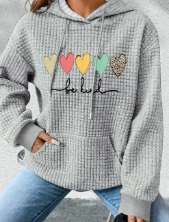Discount Valentine Women's Heart Hoodie Sweatshirt Pullover Valentine's Day Casual Drawstring Print Front Pocket Active Sportswear Hooded Long Sleeve Top Micro-elastic Women Hoodies & Sweatshirts