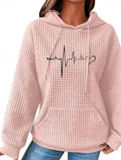 Discount Valentine Women's Heart Hoodie Sweatshirt Pullover Valentine's Day Casual Drawstring Print Front Pocket Active Sportswear Hooded Long Sleeve Top Micro-elastic Women Hoodies & Sweatshirts