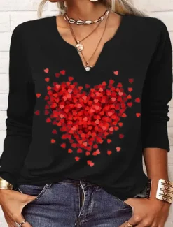 Clearance Valentine Women's Heart T Shirt Casual Regular Tops Long Sleeve V Neck Asymmetric Neck Patchwork Print Regular Fit Vacation Daily Fall Winter Women T-Shirts