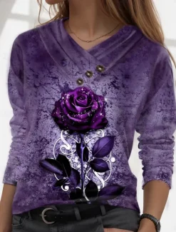 Clearance Valentine Women's Rose T Shirt Stylish Cute Regular Tops Long Sleeve V Neck Buttons Print Regular Fit Daily Yellow Pink Navy Blue Blue Fall Winter Women Spring Tops