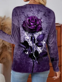 Clearance Valentine Women's Rose T Shirt Stylish Cute Regular Tops Long Sleeve V Neck Buttons Print Regular Fit Daily Yellow Pink Navy Blue Blue Fall Winter Women Spring Tops