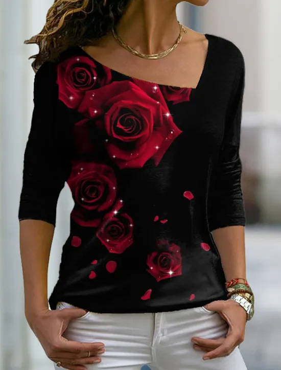 Sale Valentine Women's Rose T Shirt Cute Floral Graphic Regular Tops Long Sleeve V Neck Print Regular Fit Casual Daily Holiday Red Blue Purple Green Fall & Winter Prefall Women T-Shirts